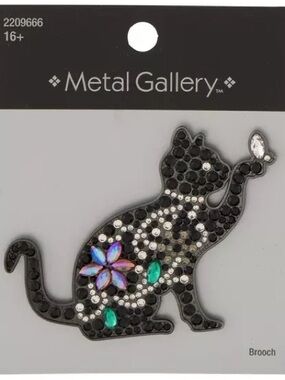 New Metal Gallery Black Cat Brooch with Multicolor Rhinestones